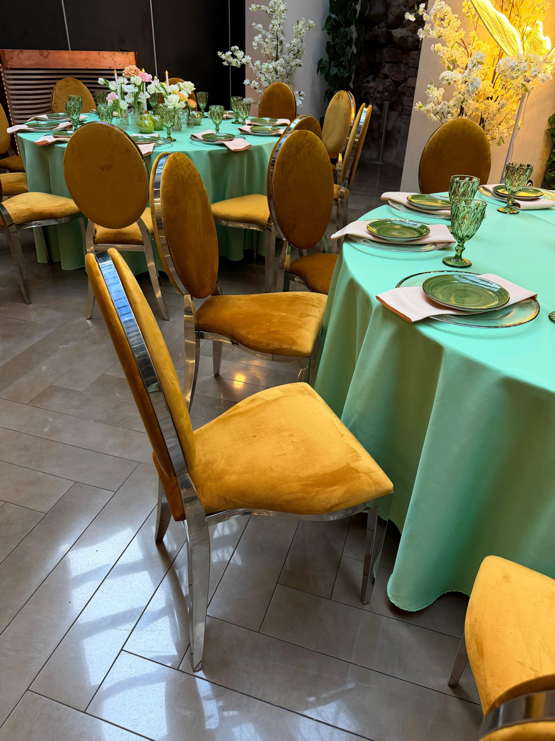 Silver chair with amber cushion