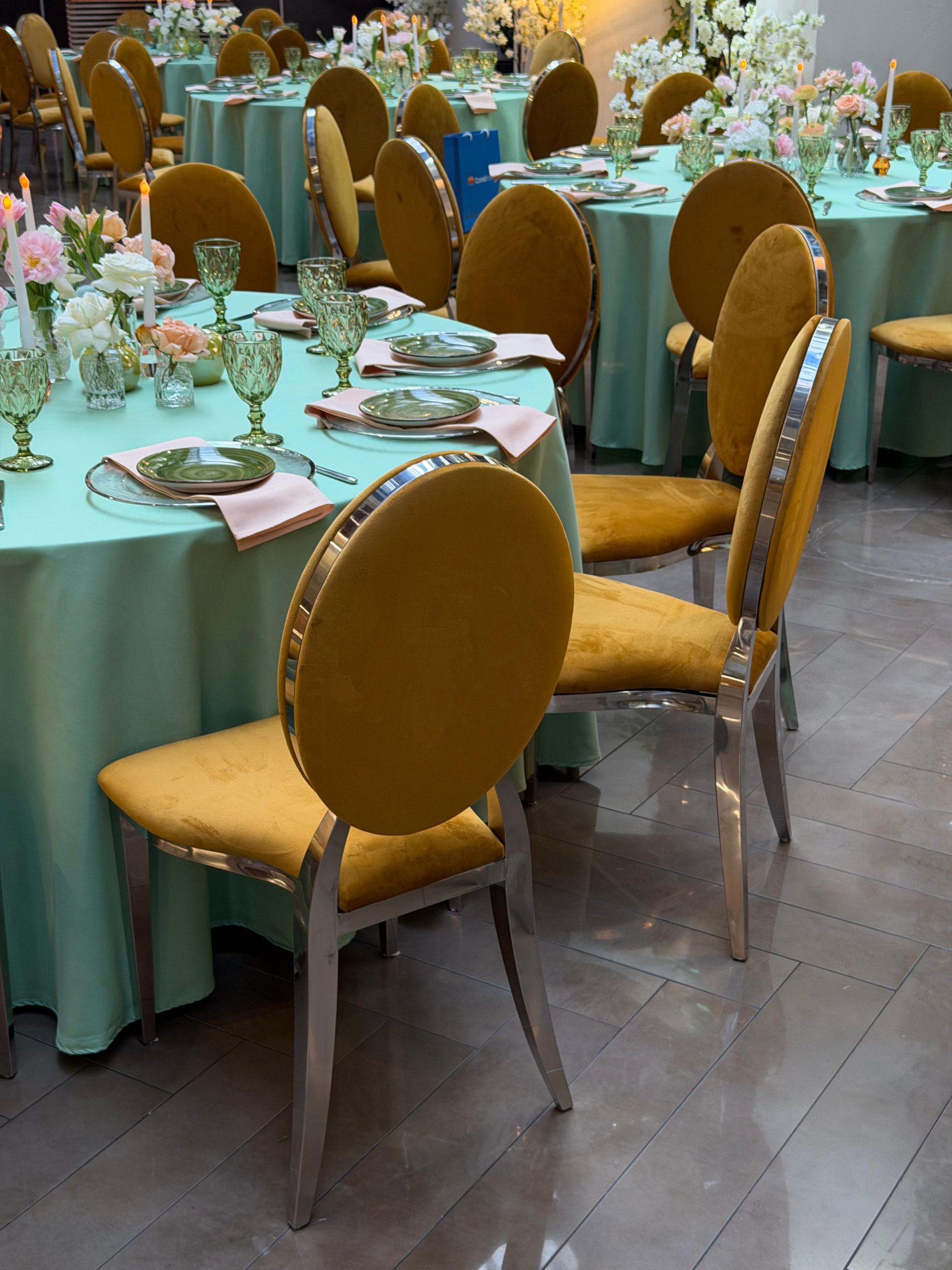 Silver chair with amber cushion