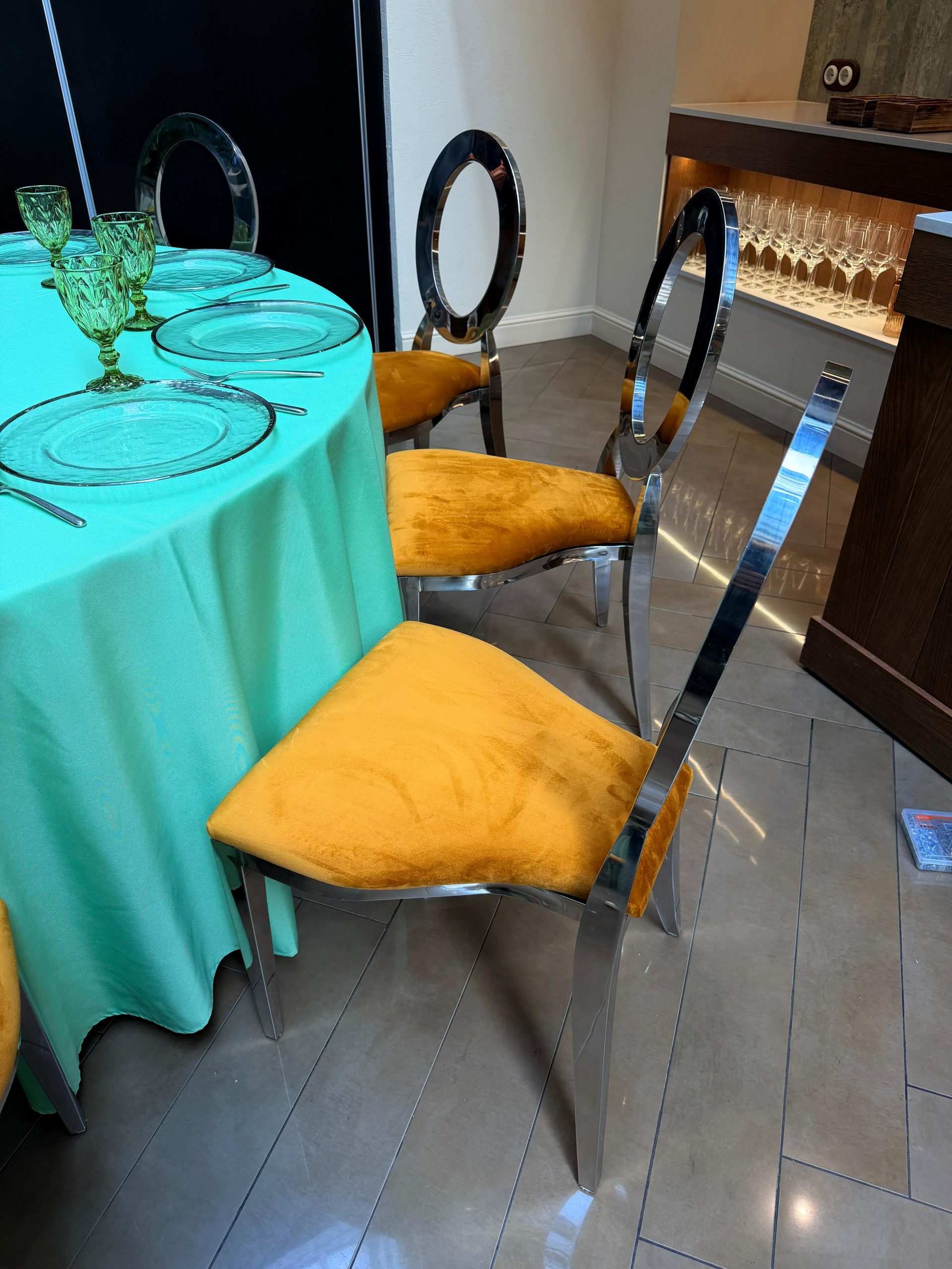 Silver chair with amber cushion