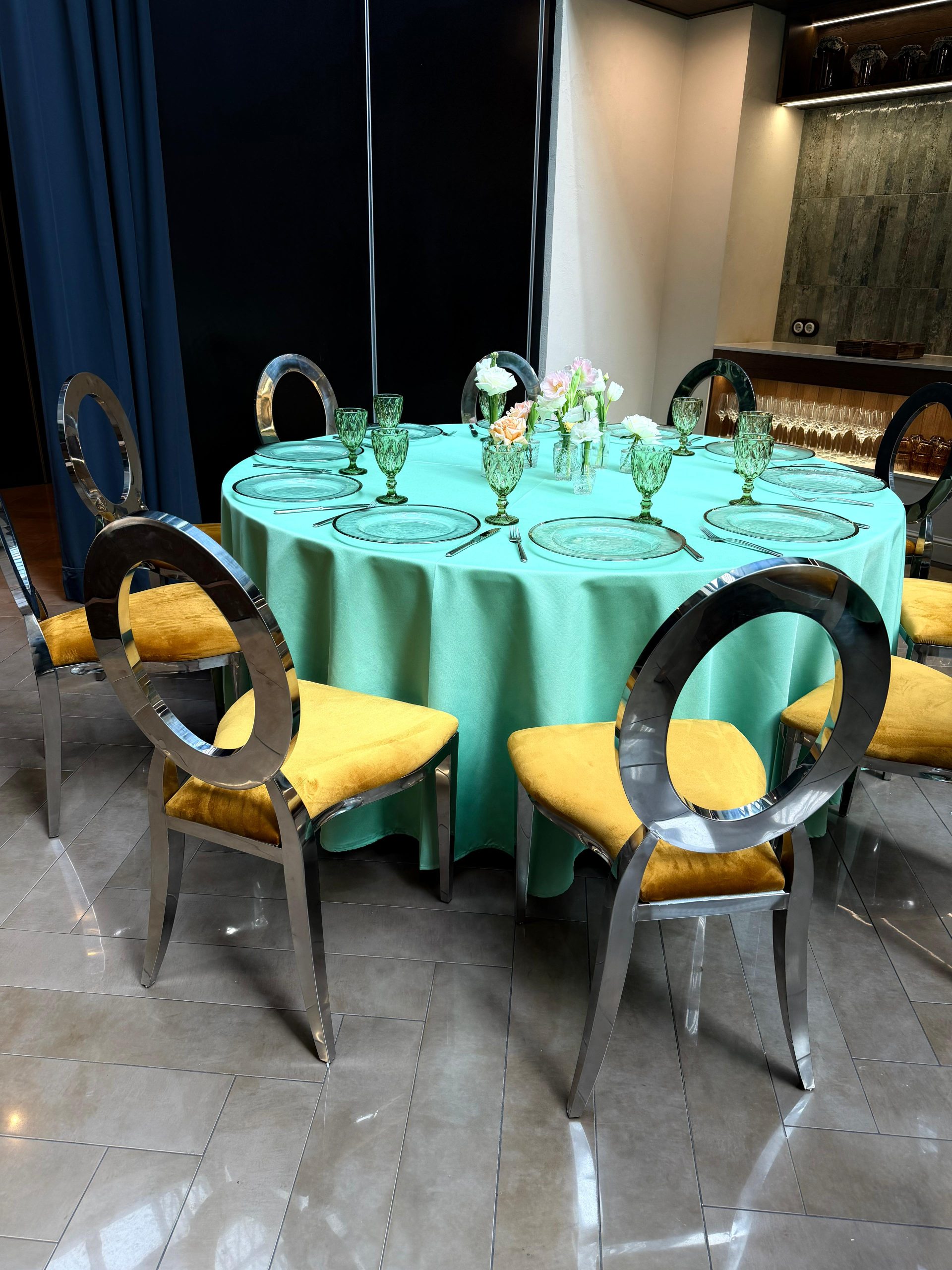 Silver chair with amber cushion