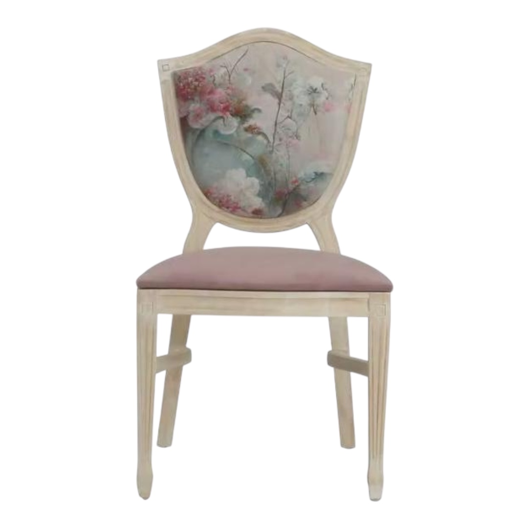 Wooden chair with light pink cushion