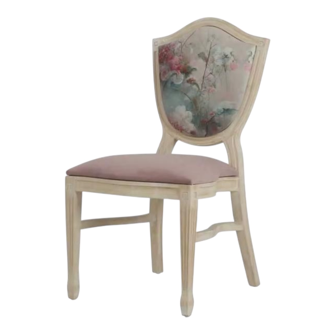 Wooden chair with light pink cushion