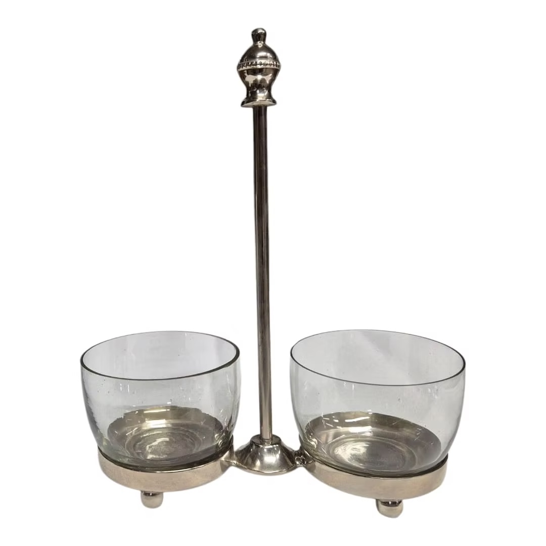 Glass containers with metal holder